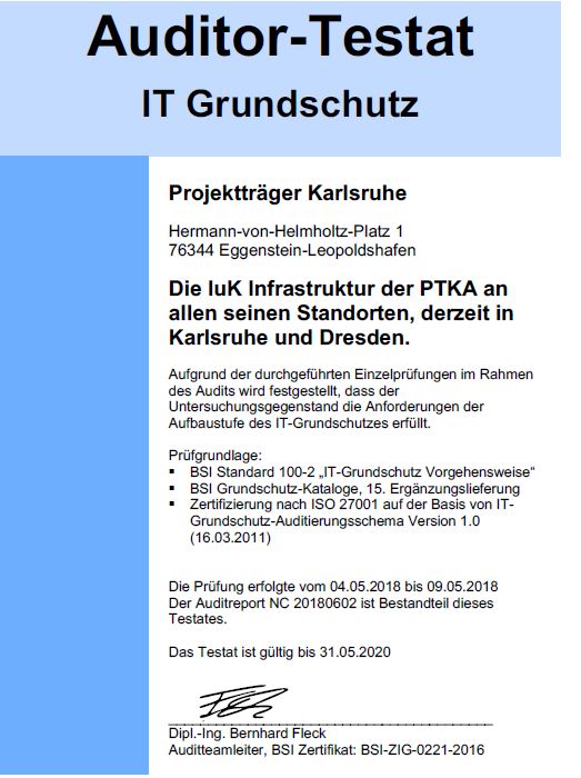 Zertifikat IT Grundschutz PTKA