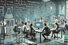 KI-generierte Szene von Wissenschaftlerinnen und Wissenschaftlern, die im Labour an Thermodynamik Forschung arbeiten