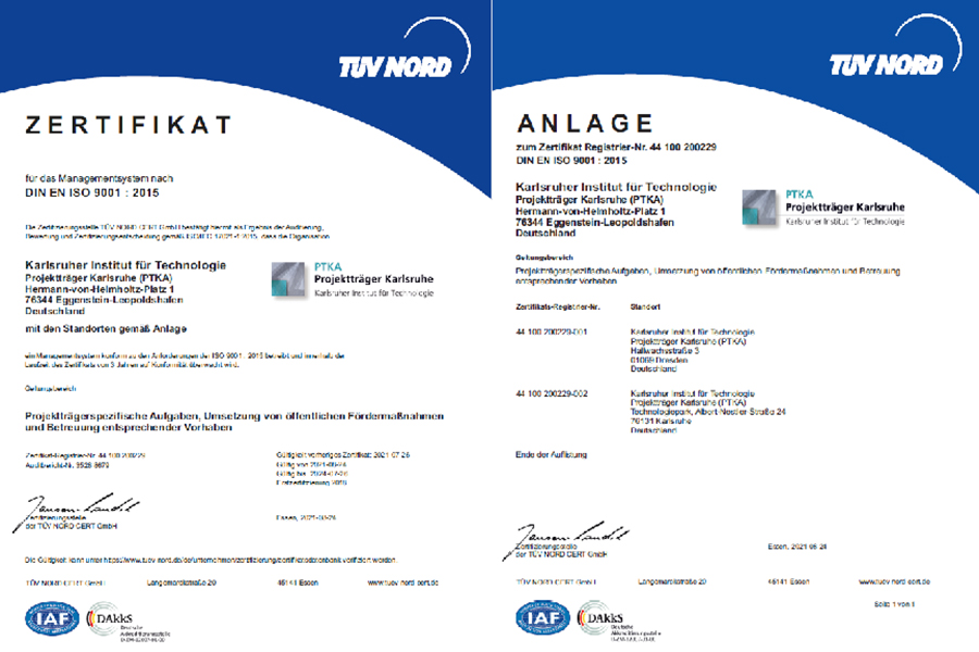 PTKA Zertifikat für das Managementsystem DIN EN ISO 9001:2015