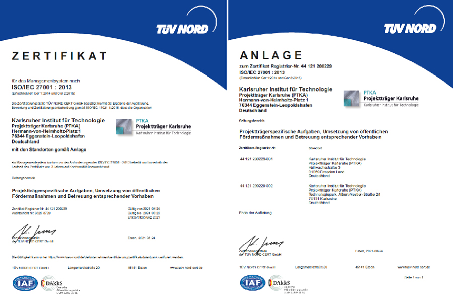 PTKA Zertifikat für das Managementsystem nach ISO/IEC 27001:2013